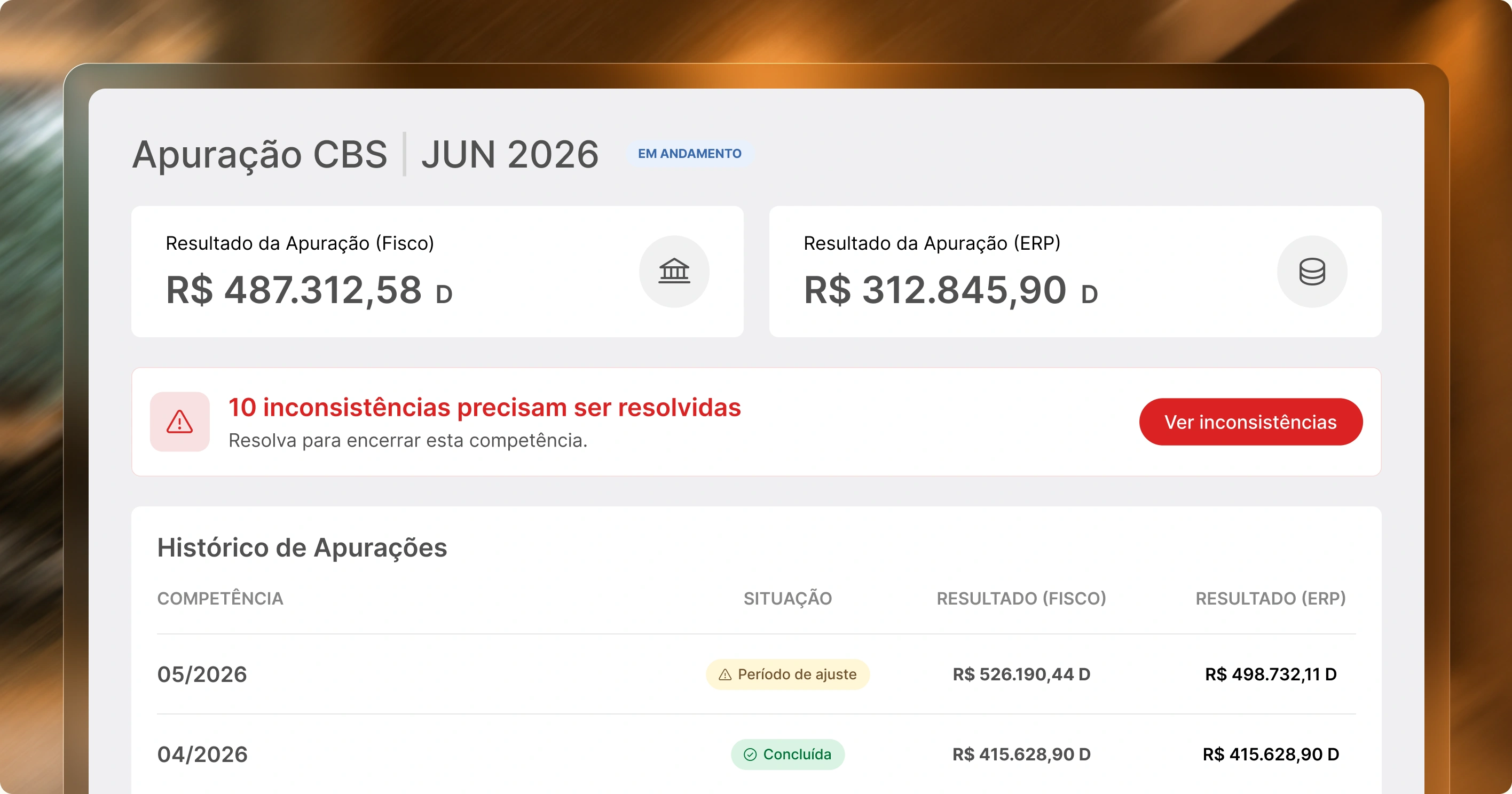 Painel da Norma com a apuração da CBS conciliada entre Fisco e ERP