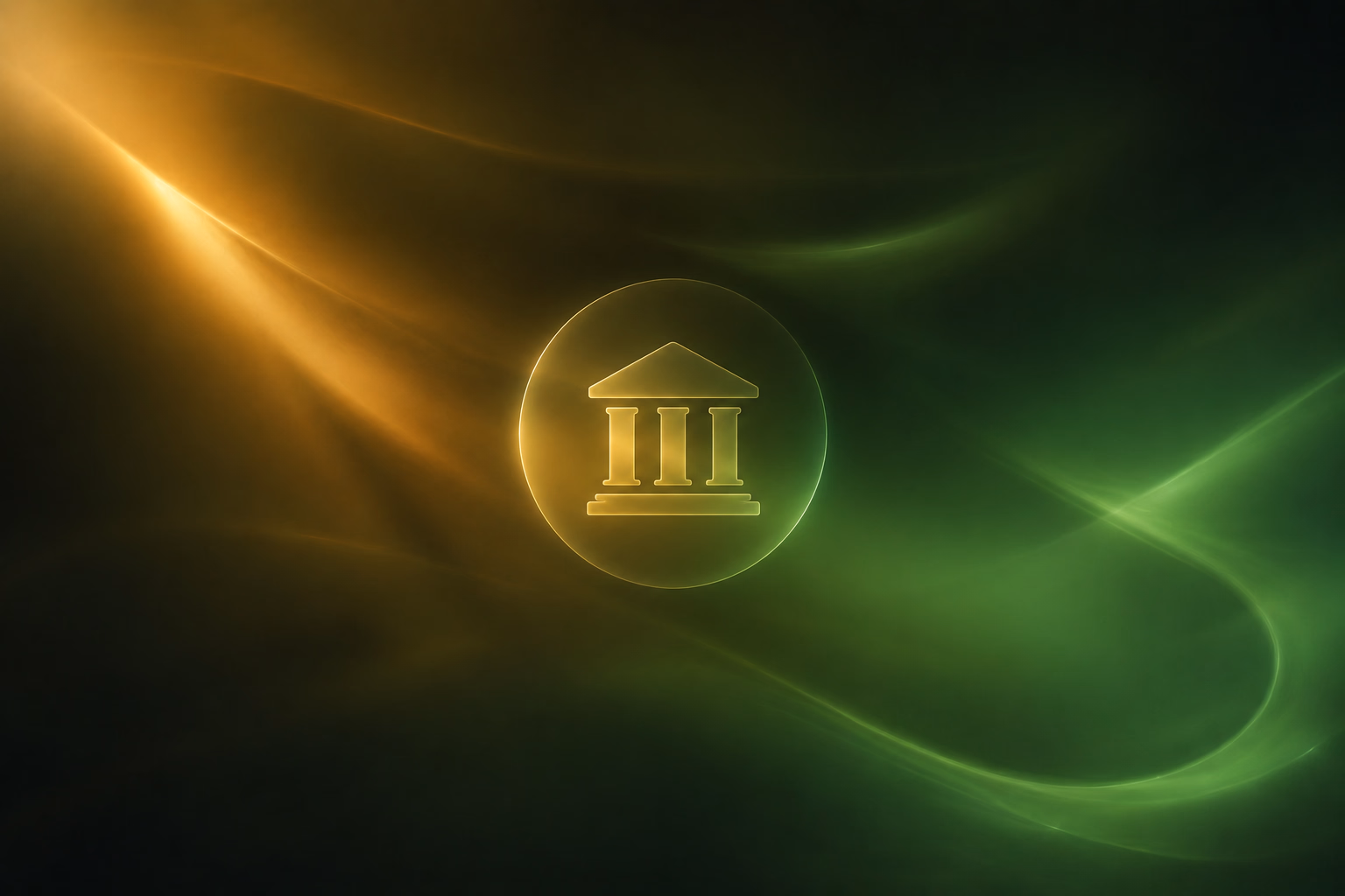 Ícone de prédio governamental dourado sobre fundo verde escuro