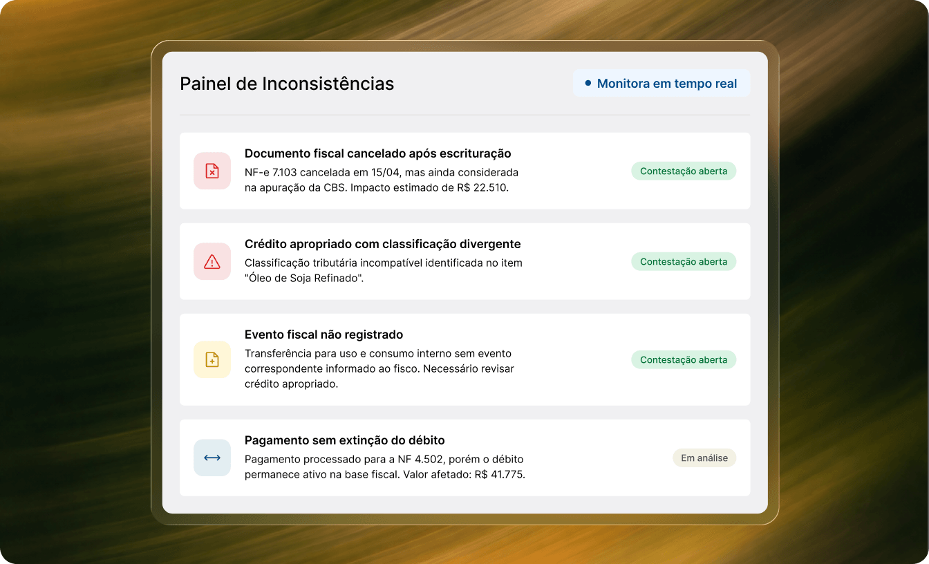 Interface de Conciliação da Apuração Assistida com painel de inconsistências fiscais