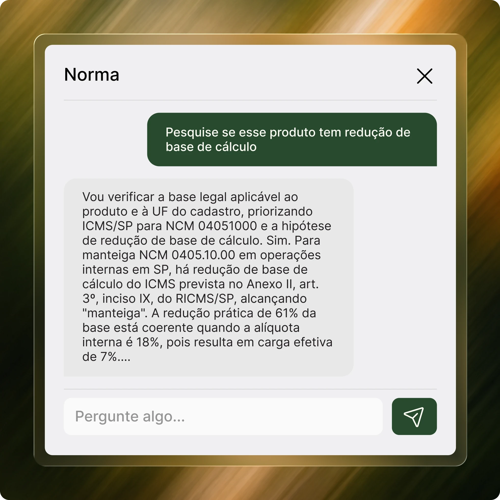 Chat de IA respondendo sobre redução de base de cálculo do ICMS