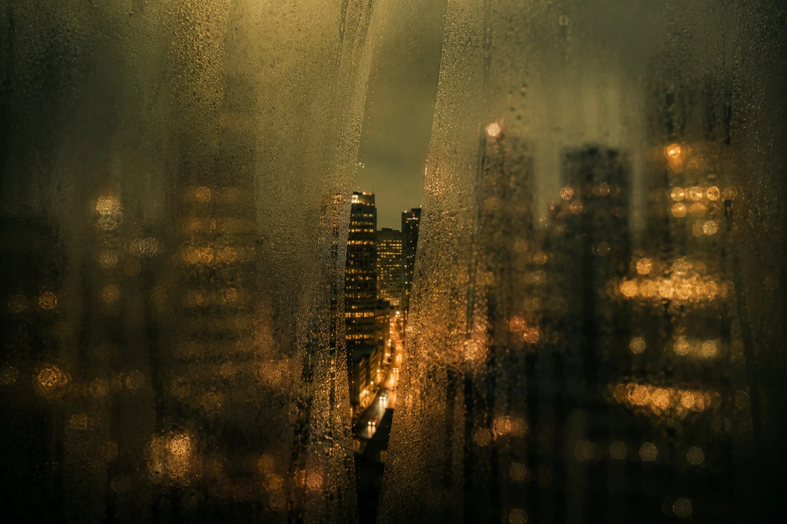 Cidade à noite vista através de uma janela embaçada, representando a falta de visibilidade tributária