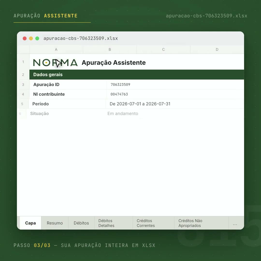 Planilha Excel gerada pela extensão Apuração Assistente, com as abas Capa, Resumo, Débitos, Créditos Correntes e Créditos Não Apropriados.